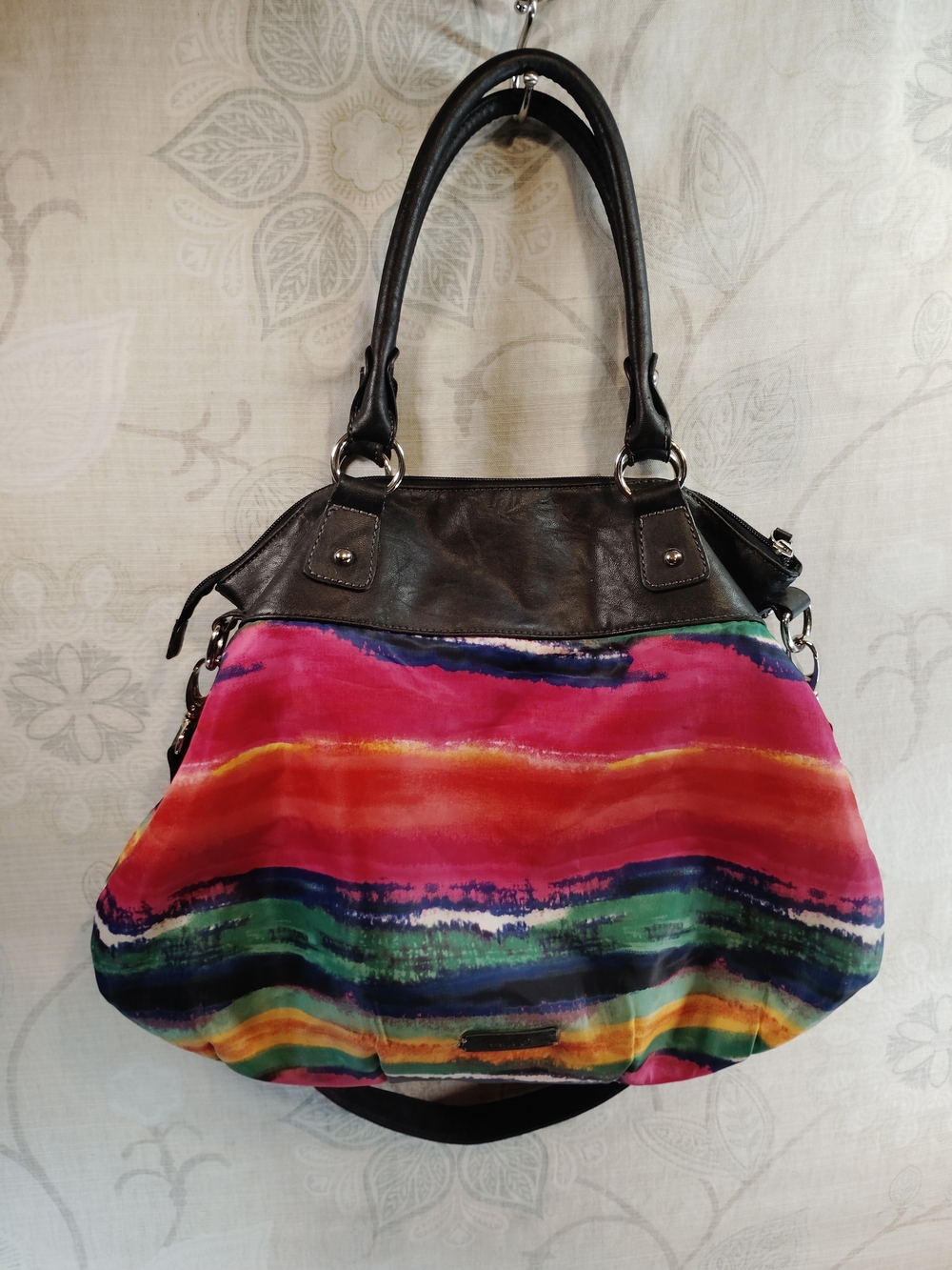 Nine Co Colorful Striped Canvas & Black Faux Leather Crossbody Bag